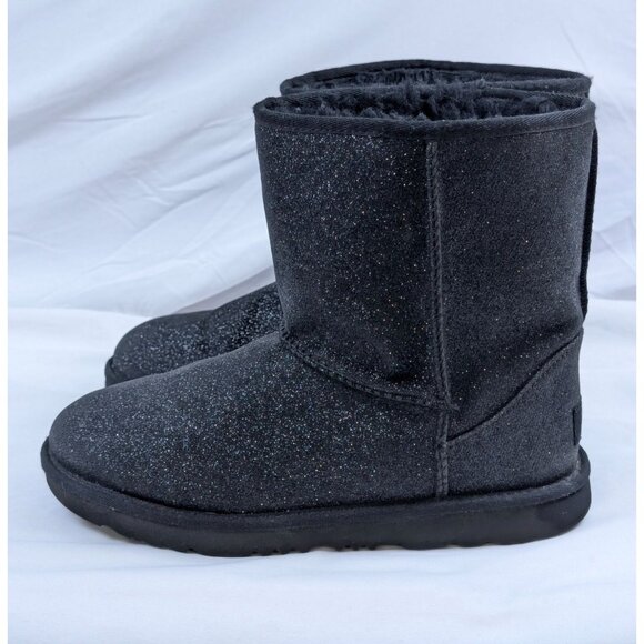 Ugg Boots Kids 6 Classic II Metallic Sparkle Glitter Black Suede Shearling EUC - Picture 3 of 9